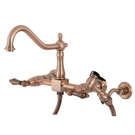 Kingston Brass Heritage 2-Handle Wall Mnt Bridge Kitchen Faucet W/Brass Sprayer, Cppr KS124ALBSAC